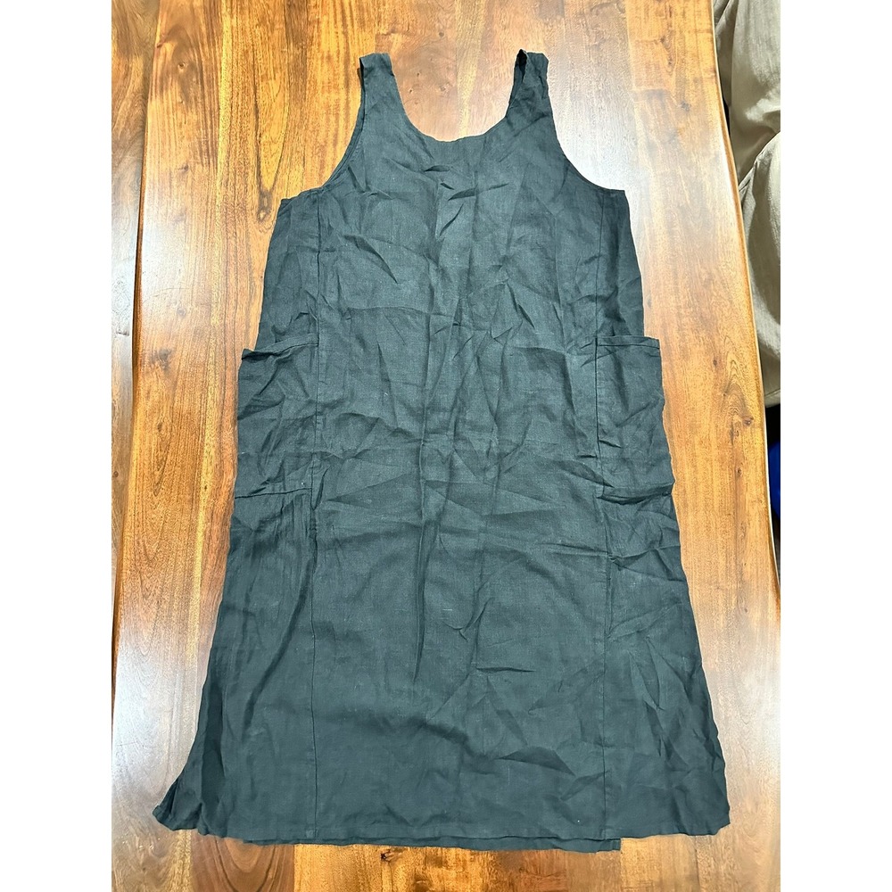 FLAX Black Linen Sleeveless Midi Dress Pockets Size Large